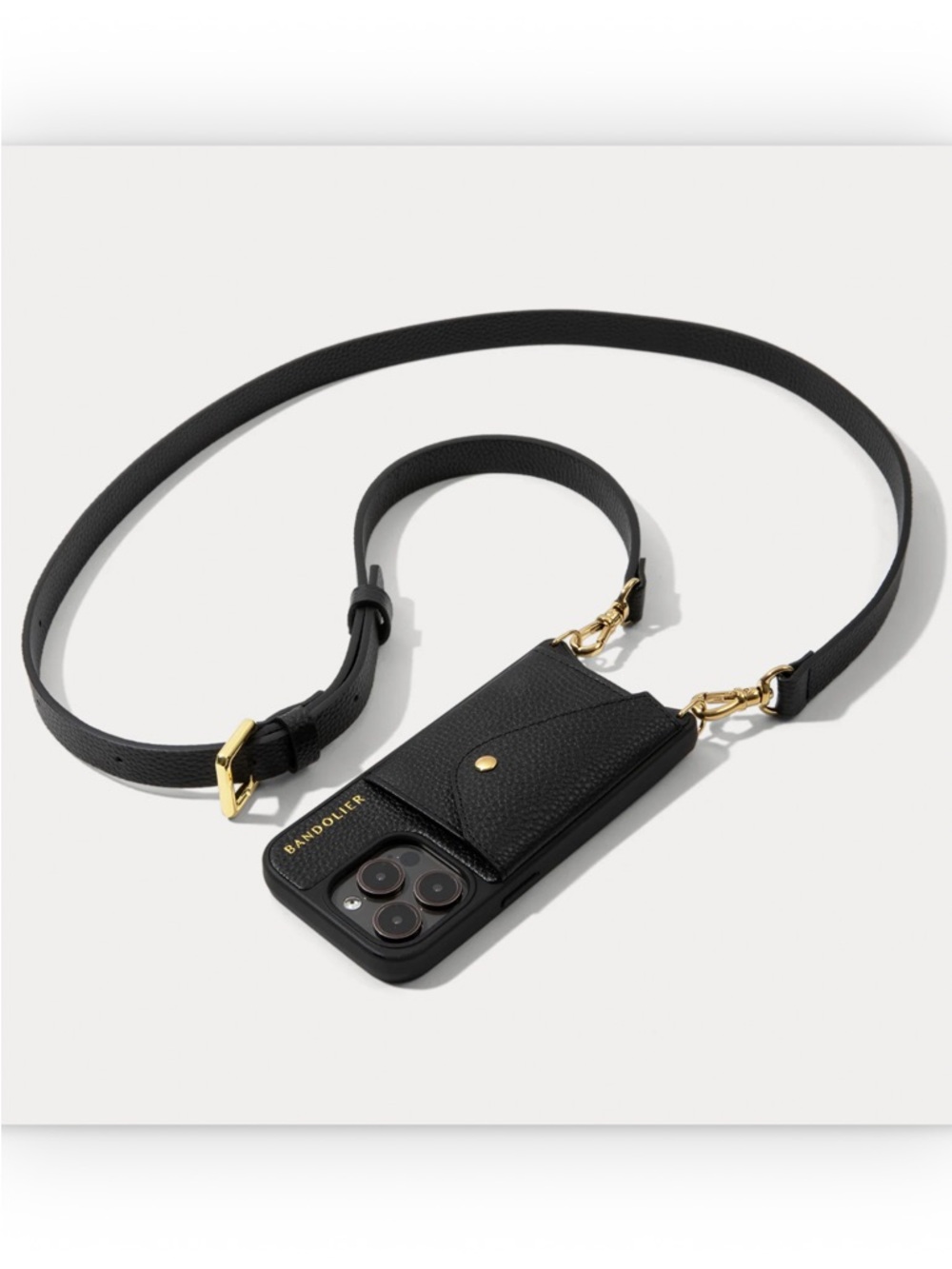 Bandolier Black Leather Crossbody Wallet Phone Case with Gold Hardware